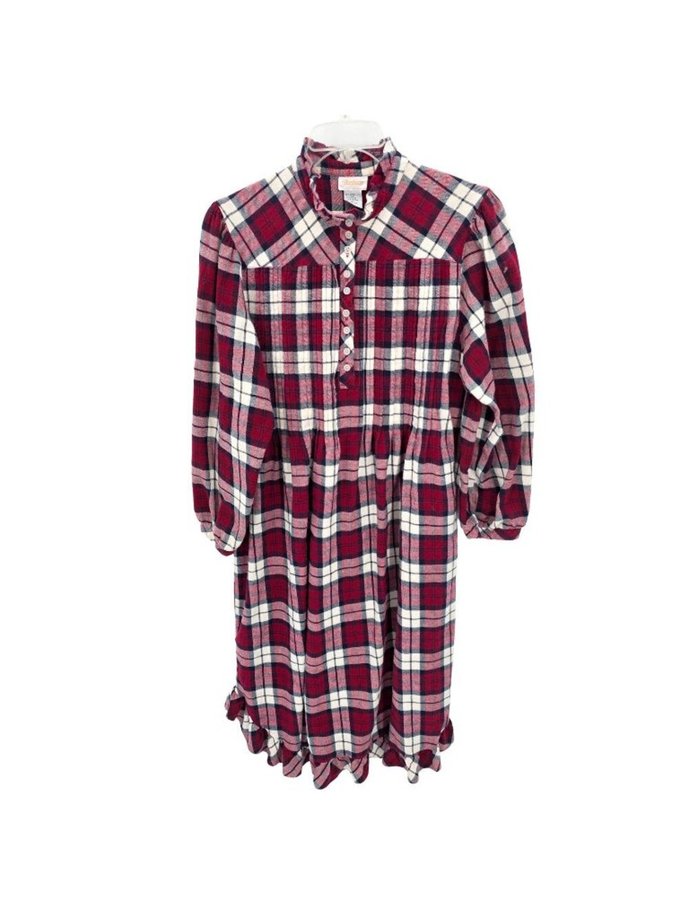 Vintage Barbizon Nightgown Womens L Red Plaid Flannel Ruffle Cottage Prairie